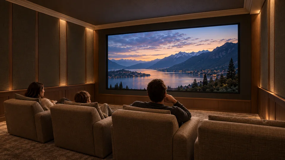Architectural concept: a family watching a film in a private cinema.