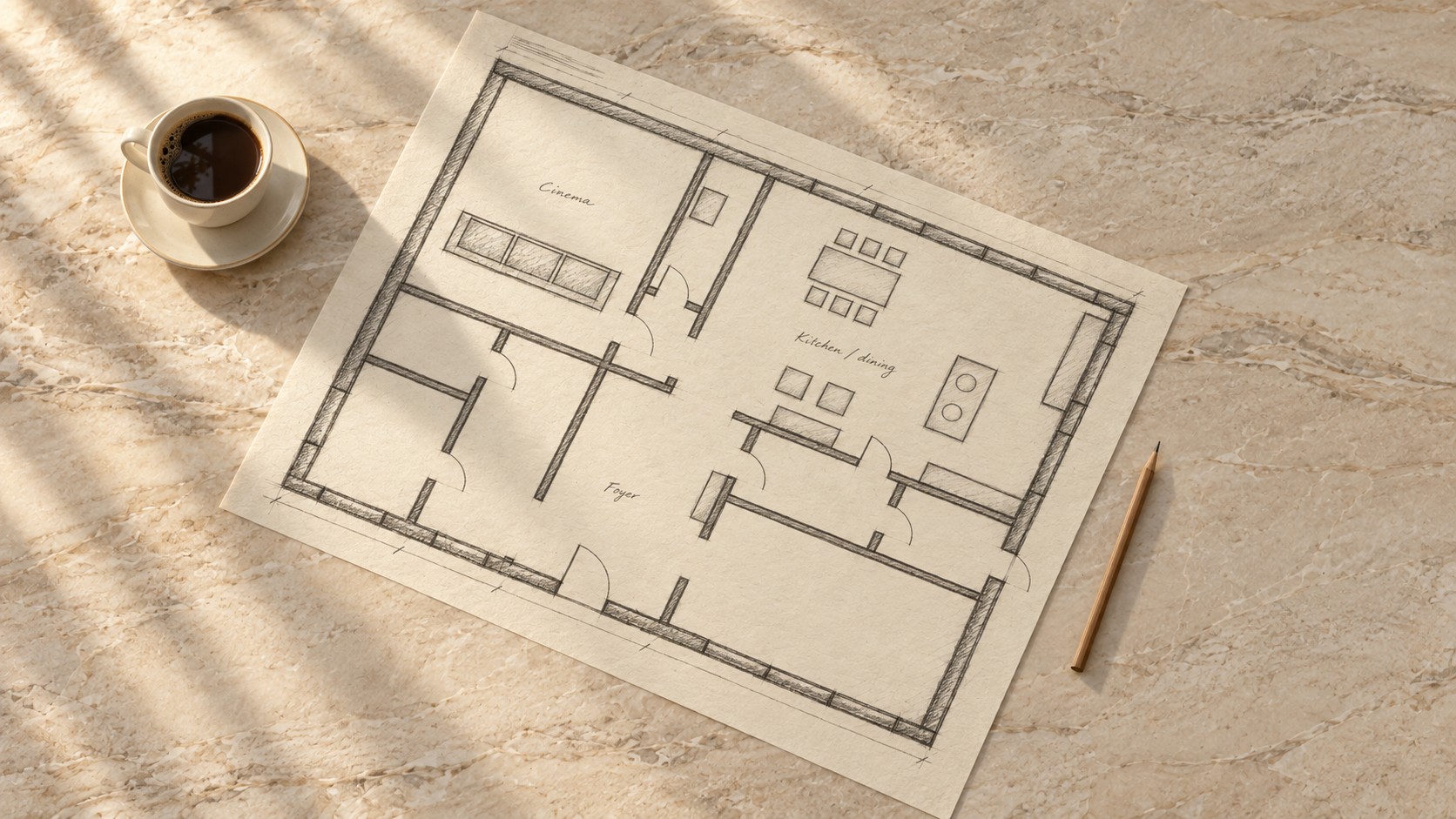 A hand-drawn home plan on a stone table, where thoughtful integration begins.