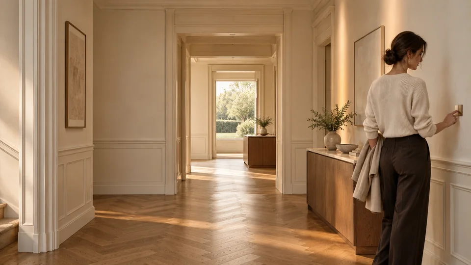 Architectural concept: a woman using discreet wall control in a warm, light-filled foyer.