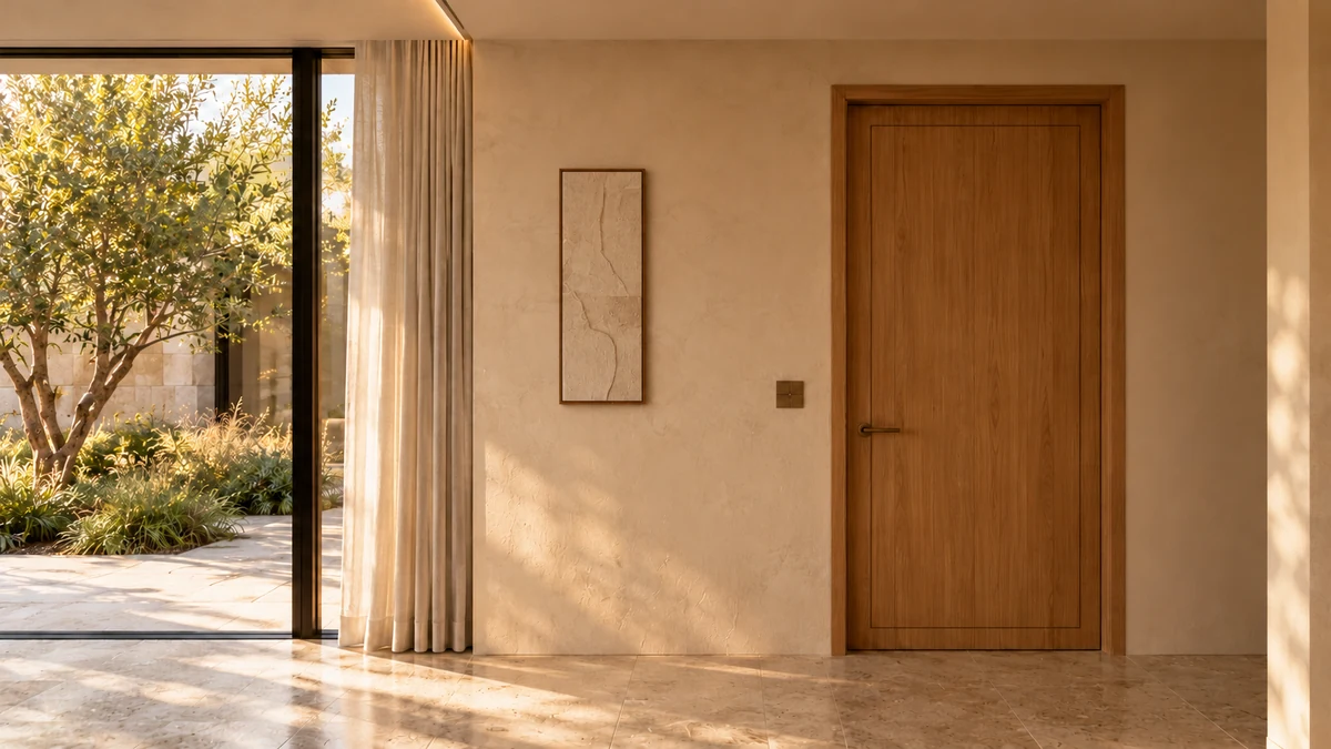 A small unlit four-field bronze control beside an oak door, with plaster walls and a concealed curtain recess.