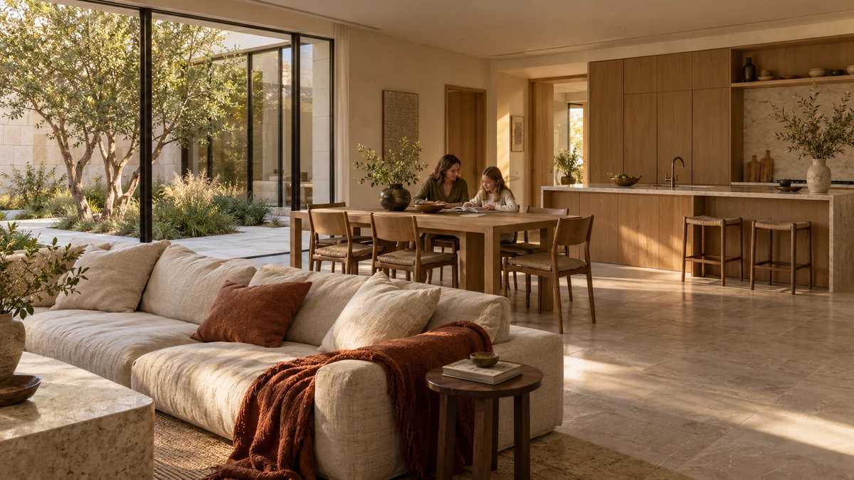 A courtyard home with oak, limestone and a mother and daughter reading beyond a linen sofa.