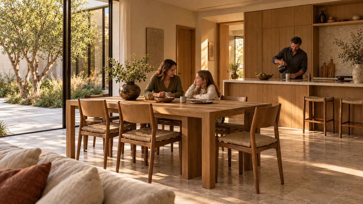 A family sharing an afternoon in the courtyard kitchen as a father pours coffee.