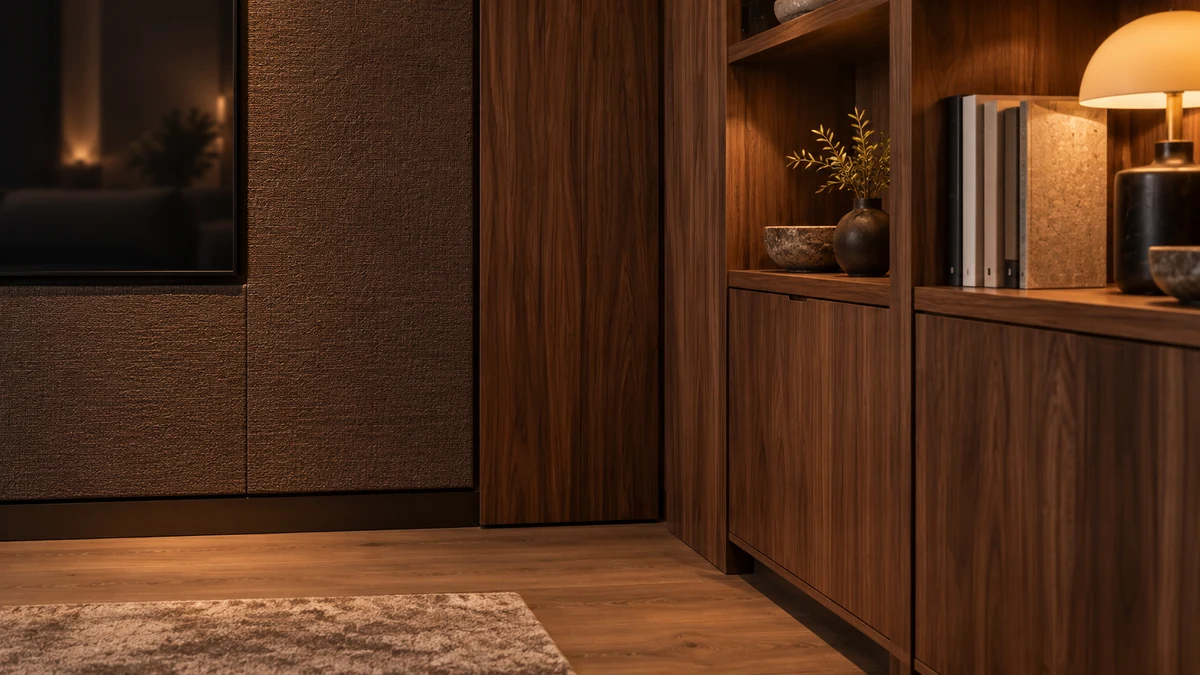 Close view of tobacco fabric wall panels meeting walnut shelving and a discreet closed access cupboard.