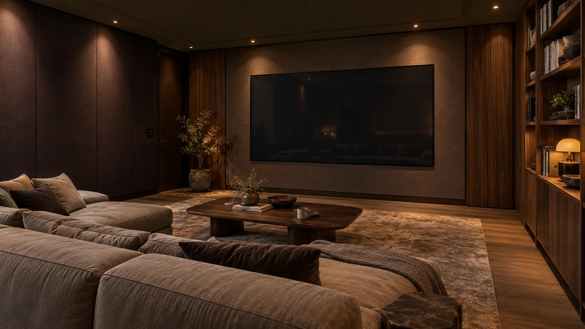 An entertainment room with a large dark screen, broad taupe sofa, tobacco fabric walls and walnut joinery.