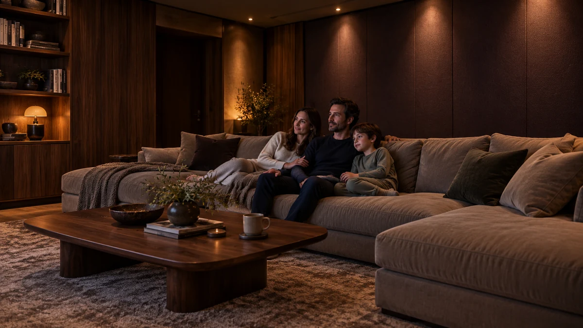 Parents and a child sitting close together on a broad sofa in a softly lit entertainment room.