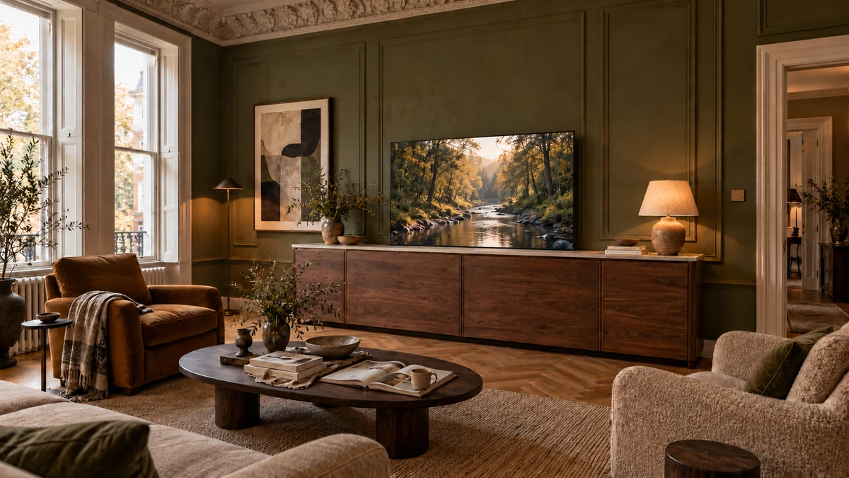 The same townhouse sitting room with a television raised from within the walnut sideboard.