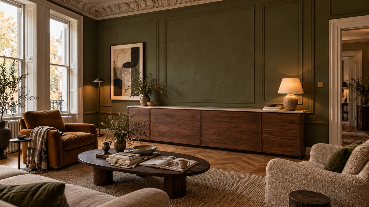 Olive panelling, period cornice, an ochre armchair and a walnut sideboard concealing the television.