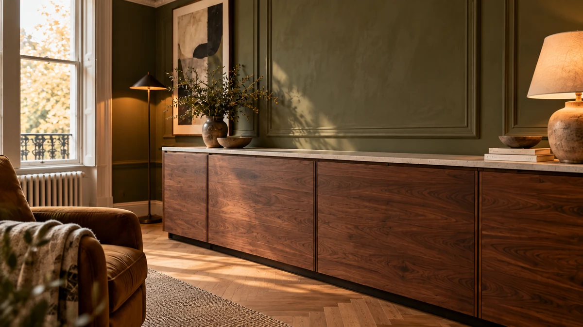 Walnut sideboard, pale stone top and olive wall panelling beside the room’s sash window.
