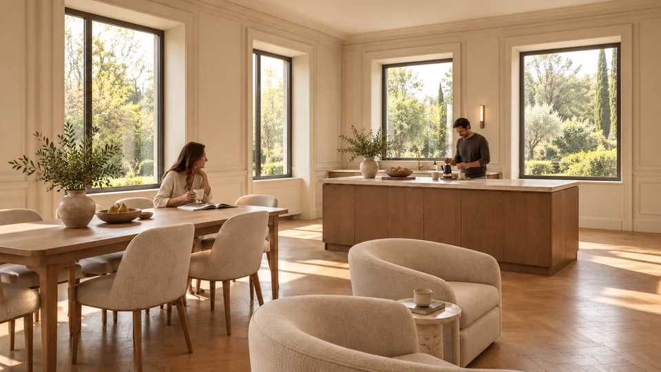 Architectural concept: a couple enjoying a light-filled kitchen and dining space.