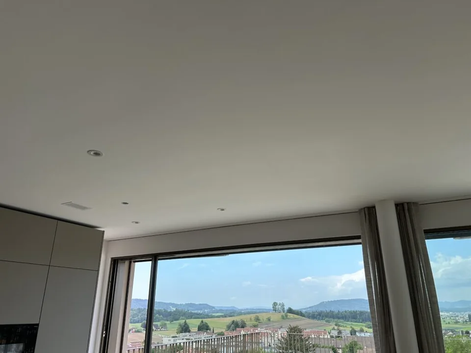 Discreet ceiling integration and glazed doors overlooking the landscape at the Zurich apartment.